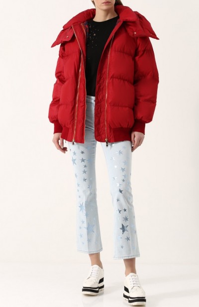 Однотонный стеганый пуховик с капюшоном